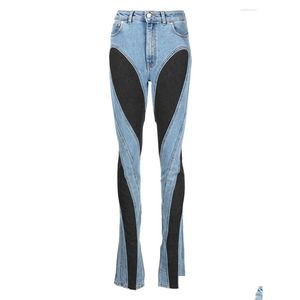 Dames Jeans Mode Vrouwen Slim Deconstruct Panelledwork Hoge Taille Split Blauw Lange Denim Herfst Drop Delivery Apparel Womens Clothi Dhxdj