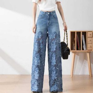 Dames jeans mode dames jeans nieuwe lente zomer high-taille openwork kanten stiksel denim brede poten broek vrouwelijke rechte broeken t240523