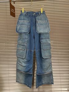 Dames jeans modieus 2024 herfst zwaar vervaardigde blauw witte gradiënt oude werkkleding wijd been zakken