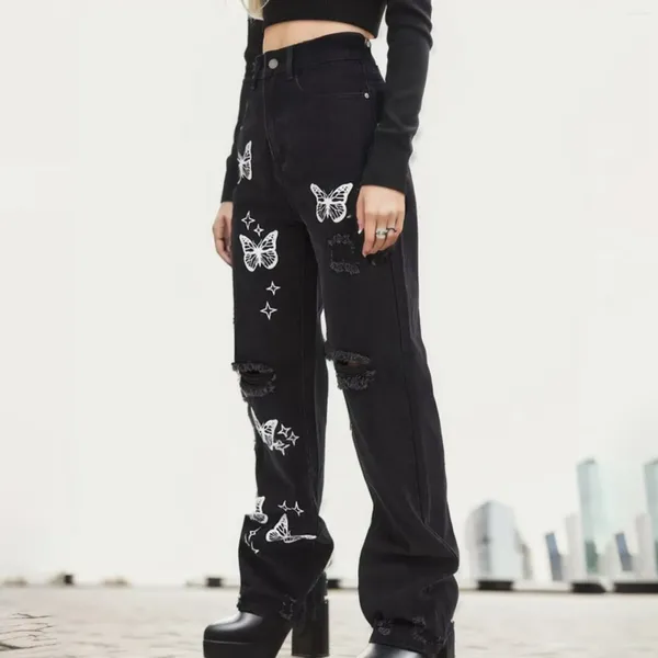 Jeans pour femmes à la mode cassé femmes en détresse imprimé papillon taille haute jambe droite street style streetwear