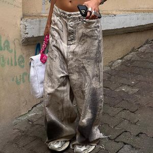 Jeans pour femmes à la mode Tie-Dye lavé en détresse lâche jambe large taille haute décontracté pantalon en denim droit pour les femmes style automne