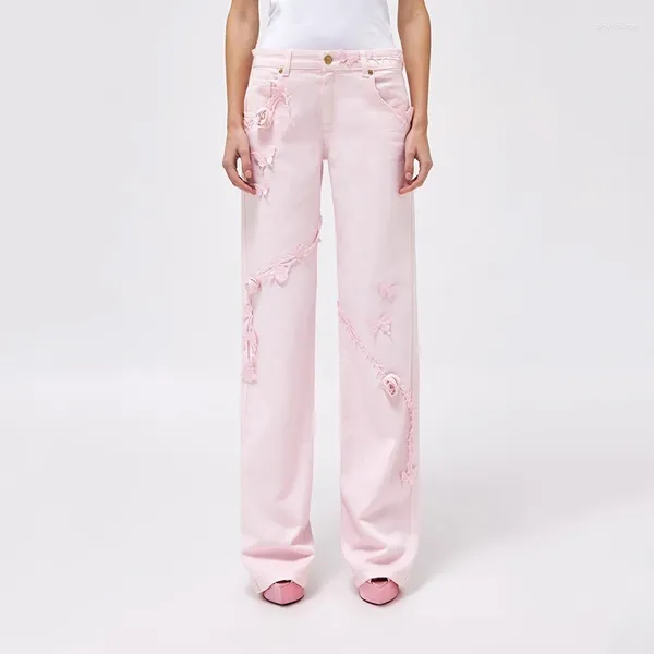 Jeans pour femmes usure à la mode y2k roses tridimensionnelles de broderie papillon