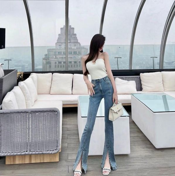 Jeans femme FBB Li Mingxuan même pantalon pour femme minorité Design sens taille haute couleur claire mince avec rabat fendu