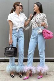 Jeans pour femmes plume coussage de coussin bleu-jumeler 2024 coton d'été printemps extension droite couchée pantalon denim
