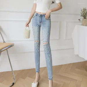 Jeans pour femmes, pantalon en Denim, taille haute, slim, déchiré, crayon, perle déchirée avec trous, coupe cintrée, Original Emo