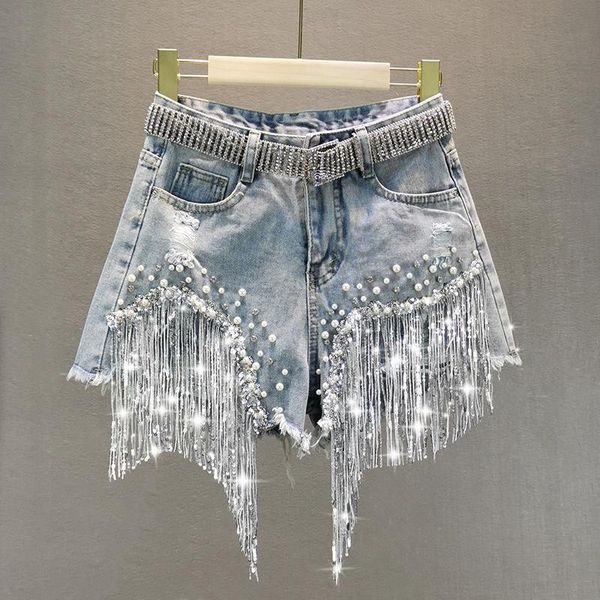 Jeans pour femmes Femme Denim Shorts 2021 Vêtements d'été Taille haute Minceur Lourd Perlé Paillettes Frangées Pantalons larges déchirés Designer en gros