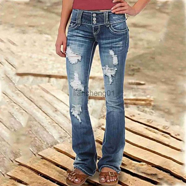 Jeans de mujer Jeans acampanados Mujeres Elástico Estampado de corazón Rasgado Denim desgastado Jeans acampanados Pantalones Damas Novio Vintage 2000s Pantalones lindos Jeans x0928