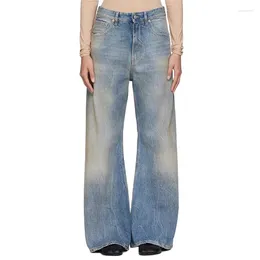 Jean évasé de luxe pour femmes, marque de styliste, Vintage, bleu, taille moyenne, ample, pur coton, longueur au sol, pantalon rétro, automne printemps