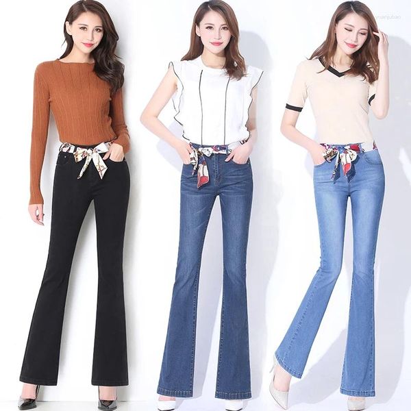 Jeans para mujer acampanados mujeres retro campana inferior hembra pierna ancha pantalones de mezclilla pantalones hippie bengalas cintura alta pantalón flaco