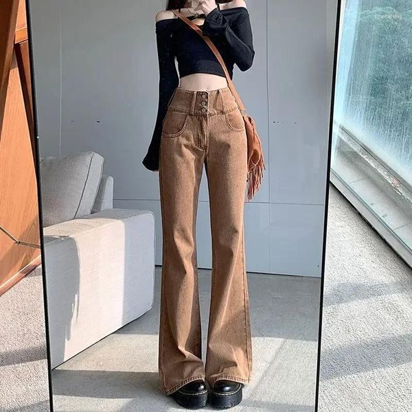 Jeans de mujer acampanados para mujer de cintura alta S con bolsillos Pantalones para mujeres Pantalones marrones Bell Bottom Flare Vibrante Harajuku Moda Emo Z