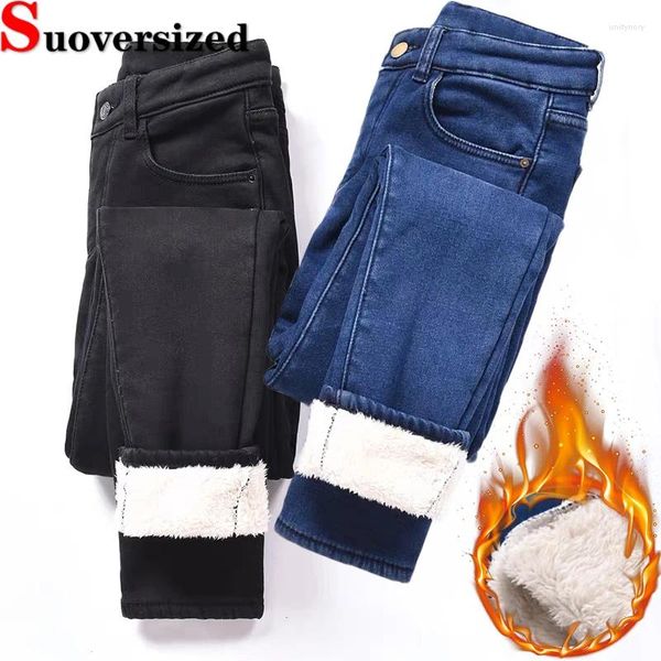 Jeans para mujeres Flanse forrada de invierno lápiz cálido grande 26-34 Vaqueros estiramientos espesos pantalones de vaquero delgados