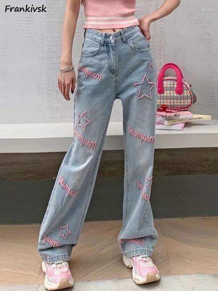 Jeans pour femmes Flocage Femmes Large Jambe Baggy Taille Haute Géométrique Y2K Style Japonais Doux Streetwear Longueur Cheville Avancé