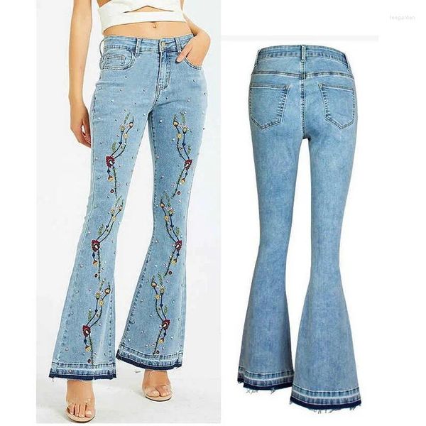 Jeans para mujeres Flor de brote bordado Pantalones de mezclilla para mujer elástica delgada