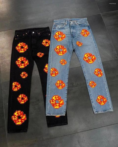 Jean femme fleurs imprimé Denim taille haute monochromatique sarouel Vintage décontracté pantalon droit Streetwear