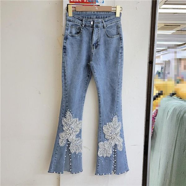 Women's Jeans For Women 2023 Korean Style Summer Jean Sweet Heavy Industry Rhinestone Slit Flare Pants Streetwear Denim Trousers
