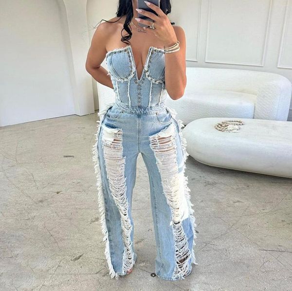 Jeans pour femmes pour femmes Casual Denim Barboteuses Salopette Ripped Washed Jean Jumpsuit Womens Sexy Combinaisons Body ajusté