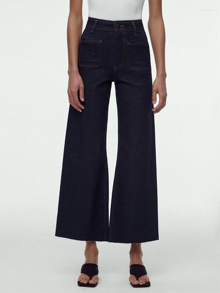 Jeans pour femmes pour femmes taille haute pantalon en denim à ourlet effiloché avec poches plaquées vêtements de mode pour femmes 2023 pantalons à jambes larges pleine longueur