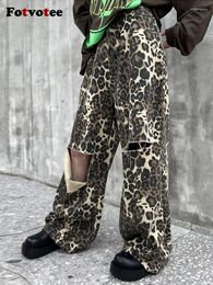 Jeans para mujer Fotvotee Agujero rasgado Baggy para mujeres Leopardo Pantalones de mezclilla Moda 2024 Primavera Irregular de gran tamaño Recto