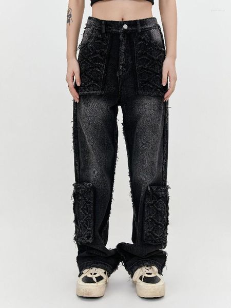 Jeans pour femmes Glands effilochés Noir foncé Esthétique Goth Pantalon déchiré Pantalon pour femme Fille Unisexe Vêtements d'hiver Streetwear Grunge Y2k