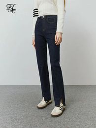 Jeans pour femmes FSLE Style décontracté Denim bleu droit droit pour femmes automne hiver taille haute rétro sens pantalon fendu