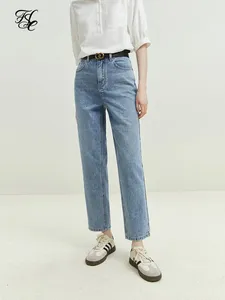 Jeans pour femmes FSLE bleu clair taille haute jambe droite pour 2024 lâche pantalon de tuyau de fumée femmes décontracté