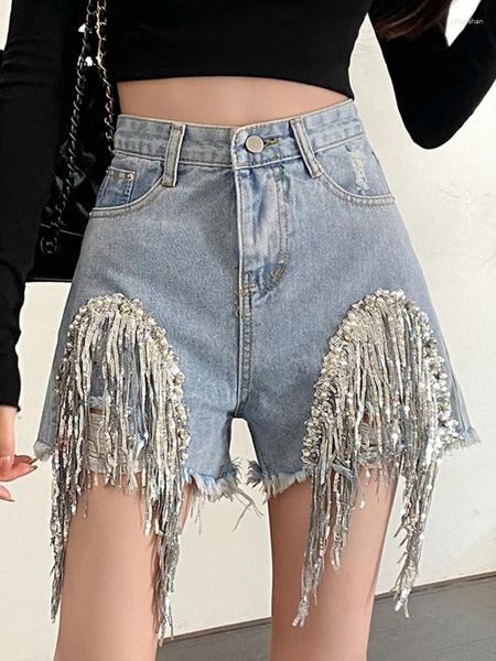 Jeans pour femmes ftlzz d'été femme occasionnel empire slim a-line shorts denim Lady High Street Tassel paillettes