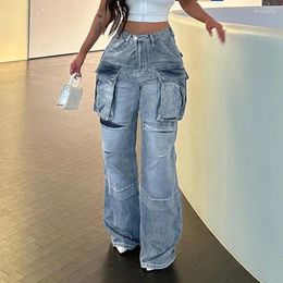 Jeans pour femmes FUAMOS personnalisé grande poche américaine distinctive rue mode couture outillage taille haute pantalon droit