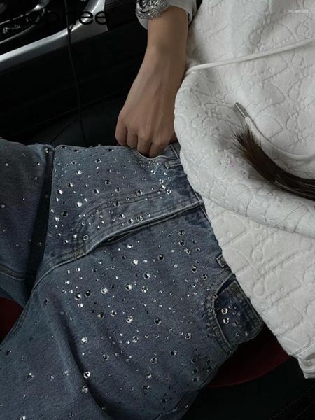 Jeans de mujer de cuerpo completo con diamantes de imitación de cintura alta para mujer, pantalones de otoño 2024, pantalones vaqueros rectos para mujer, pantalones largos sueltos y adelgazantes