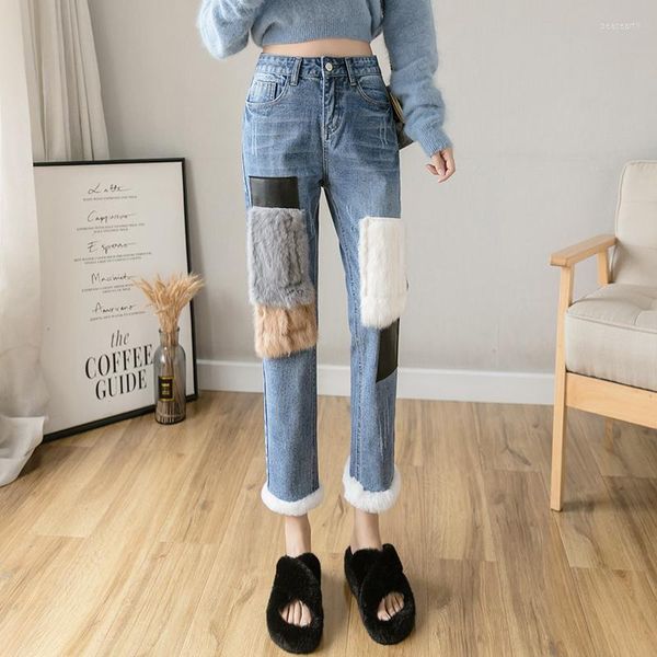 Jeans femme fourrure Patchwork femmes cheville longueur droite Denim pantalon épaissir chaud velours bleu pantalon femme 756