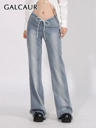 Jeans femeninos galcaur sólido sólido pliegues pantalones de mezclilla para mujeres cintura alta minimalista oleada de moda femenina de moda de otoño
