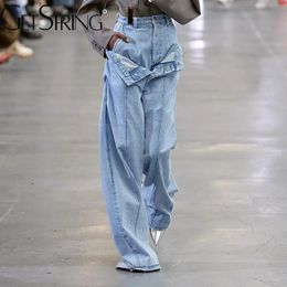 Jeans para mujer GetSpring Mujeres 2023 Otoño Diseño de doble cintura Pantalones de mezclilla lavados Moda suelta Casual Falso Dos pantalones largos 231129