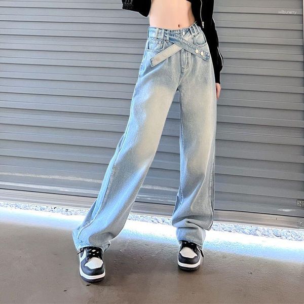 Jeans pour femmes gidyq hauts hautes femmes conçues ceinture femelle pantalon en denim y2k y2k streetwear décontracté pantalon de jambe large coréen