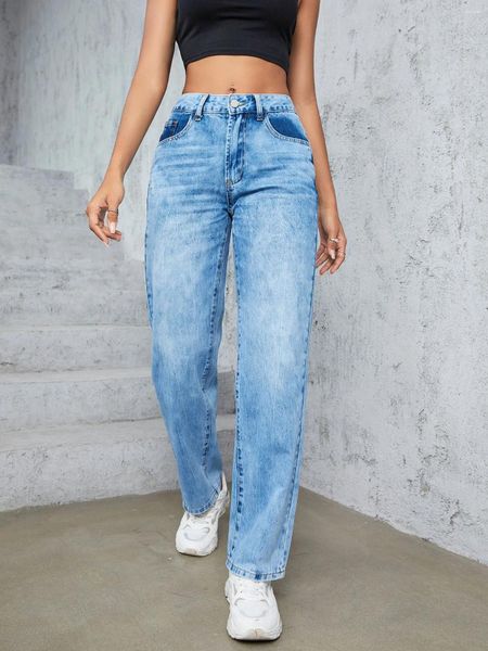 Jeans féminins Gilipur classique décontracté ample ample haute taille haute taille solide jambe large blue salopette avec un pantalon de petit trou