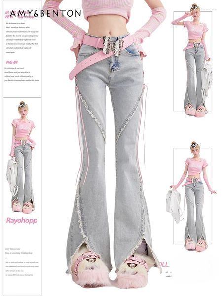 Jeans pour femmes girl y2k cross lace-up women-up printemps été américain rétro goth high taille slim sexy pantalon slit cloche
