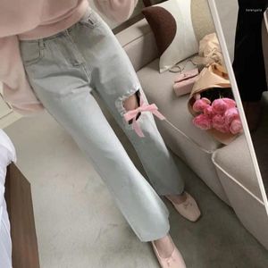Jeans pour femmes Girly Sweet Girl Pink Ribbon Bow Hollow Bud Couleur claire Printemps