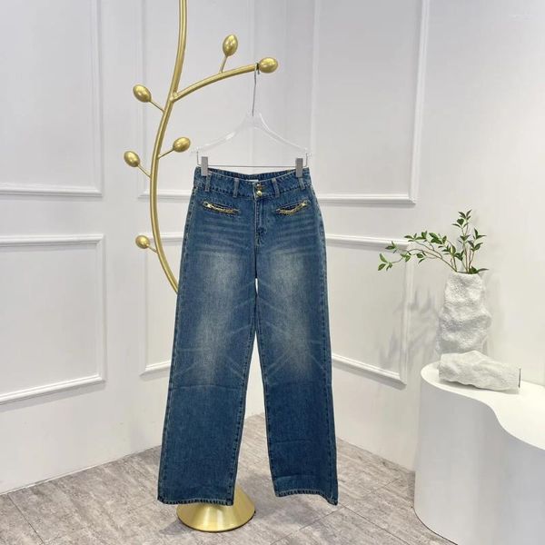 Jeans de mujer Cadenas de oro Pantalones negros azul claro Algodón de alta calidad 2024 Pantalones de mujer