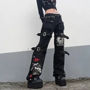 Jeans pour femmes Goth Black Cargo Pantalon court taille basse Y2K Rétro Hip-hop Punk Harajuku Street Vêtements décontractés S-XL