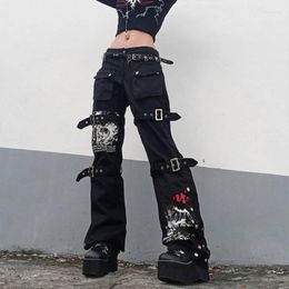 Damesjeans Goth Punk High Taille Harajuku Metal Buckle Hip Hop Print Laadbroek Brede Been Baggy Losse denim broek
