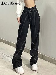 Jeans pour femmes gothique noir jambe large avec ceinture femmes pantalons en denim académique foncé hip hop streetwear grunge punk pantalon