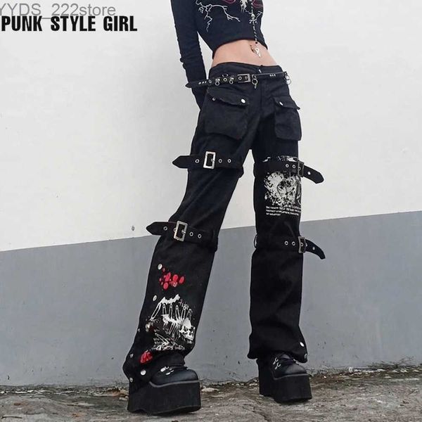 Jeans pour femmes gothiques emo alt pantalon cargo techwear sac hippie jeans maman gothique punk noir pantalon denim naille y2k pantalon académique vêtements sombres yq240423