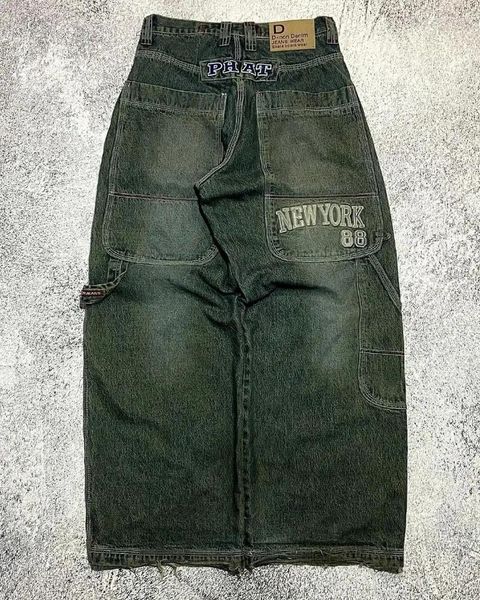 Jeans para mujer Diseño con estampado de letras góticas Jean verde oscuro para mujer Y2k Baagy High Street Hip Hop Pantalones de pierna ancha rectos informales versátiles