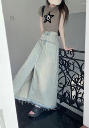 Jeans féminins GP3253 Summer Corée Version 2024 Haute taille en ligne A-line Denim Long Robe Split Fur Edge moitié