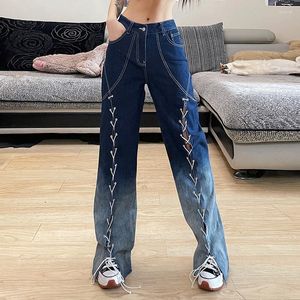 Jeans pour femmes dégradé taille basse coupe droite taille découpée pantalon droit