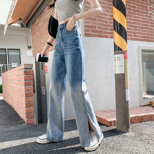 Damesjeansgradiënt rechte poot Jean Ladies Fashion Trend Outfits Hoge taille Split Hem Denim broek Lichtblauwe casual broek XSXXL 230814