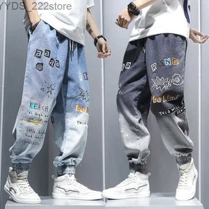 Damesjeans Graffiti Gedrukte jeans voor herengradiënt hiphop trojan harem cartoon losse casual enkelriembroek voor heren denim jeans yq240423