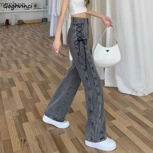 Jeans Femme Jeans gris femmes mode à lacets printemps Version coréenne taille haute jambe large Streetwear Chic Hotsweet femme pantalon de nettoyage InsC24318