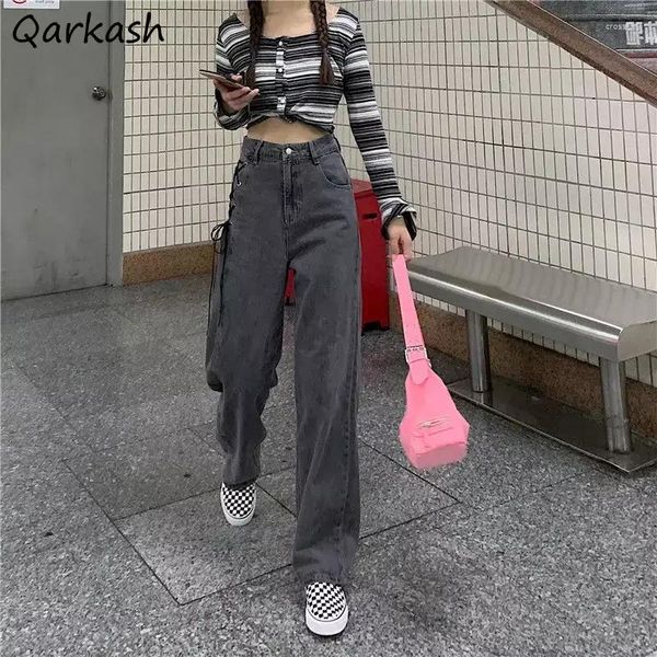 Jeans pour femmes Grey Women High Waon Lacep-up Design coréen Fashion Streetwear Loose Fit Vaqueros printemps décontracté Y2k élégant