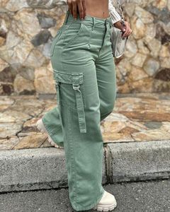 Jeans para mujer Pantalones cargo verdes Diseño de bolsillo Botón de cintura alta Color sólido 2023 Moda de verano Ropa informal suelta