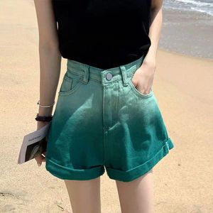 Dames jeans groene gradiënt denim shorts vrouwelijke zomer losse Koreaanse casual wilde wilde high-taille A-line brede pijpen broek