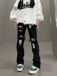 Jeans pour femmes Grunge Retro Black Pants Hollow Out 80s Aesthetic Vintage Gothic Streetwear Skull Blue Distressed Denim Pantalon 230331